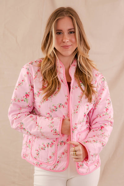 Pink Floral Print Jacket- Women's Pink Quilt Coat