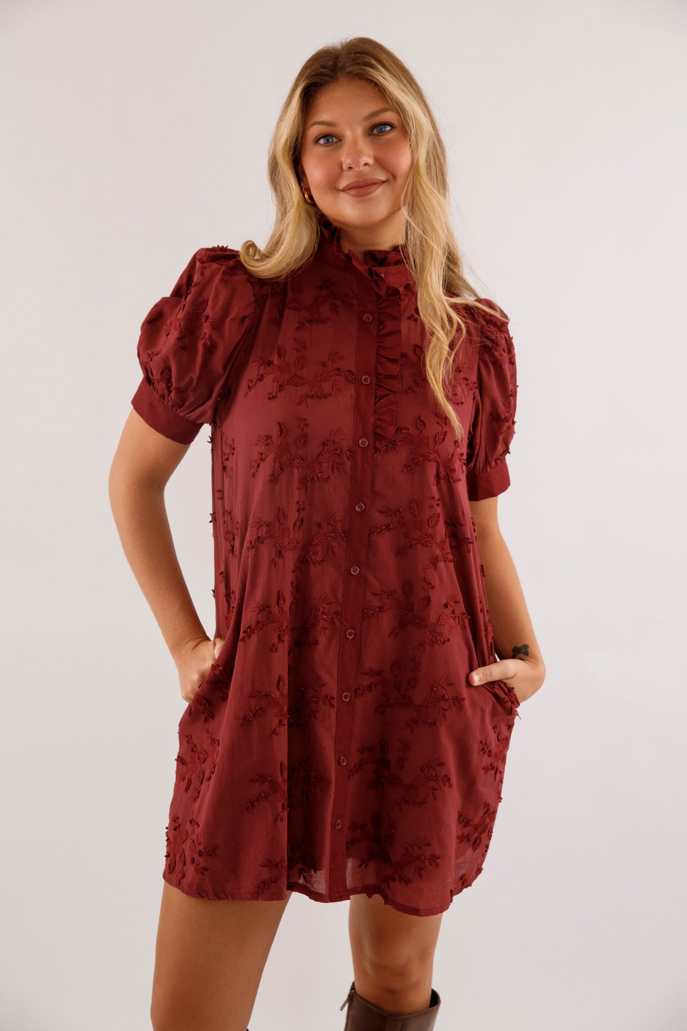 Wine 3D-Floral Mini Dress- Button-Front Cotton Puff-Sleeve Dress- Entro Dresses for Women