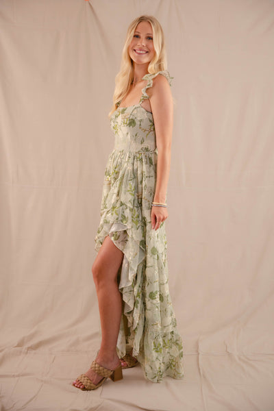 Green Rose Print Dress- High-Low Maxi Dress- Storia Floral Print Dress