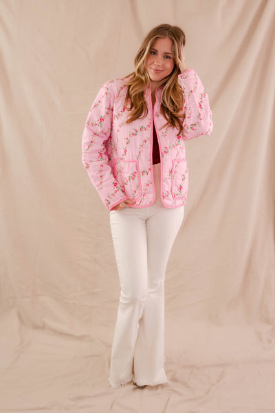 Pink Floral Print Jacket- Women's Pink Quilt Coat