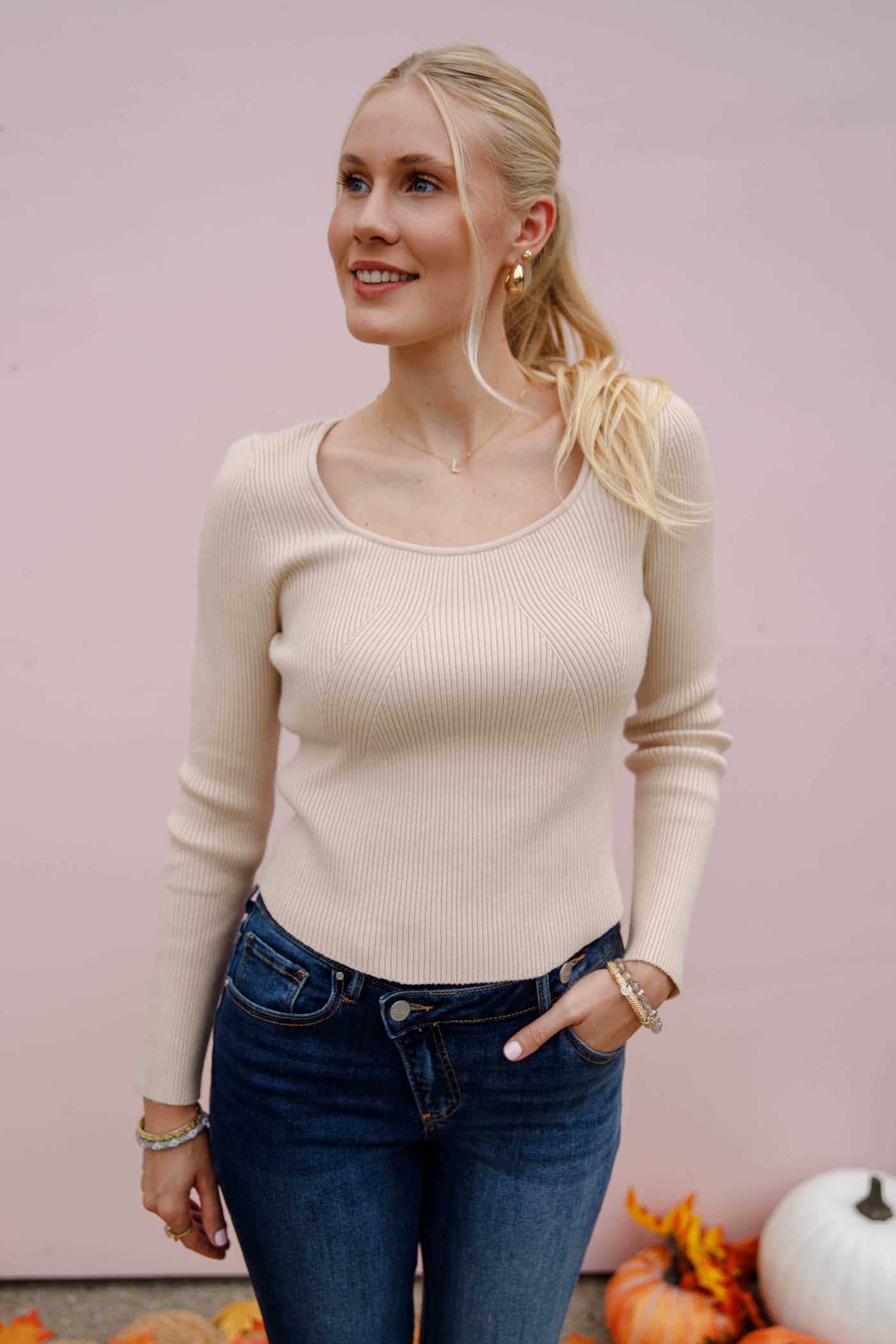 Women's Ribbed Long Sleeve- Women's Oatmeal Basic Top- Be Cool Basic Ribbed Top