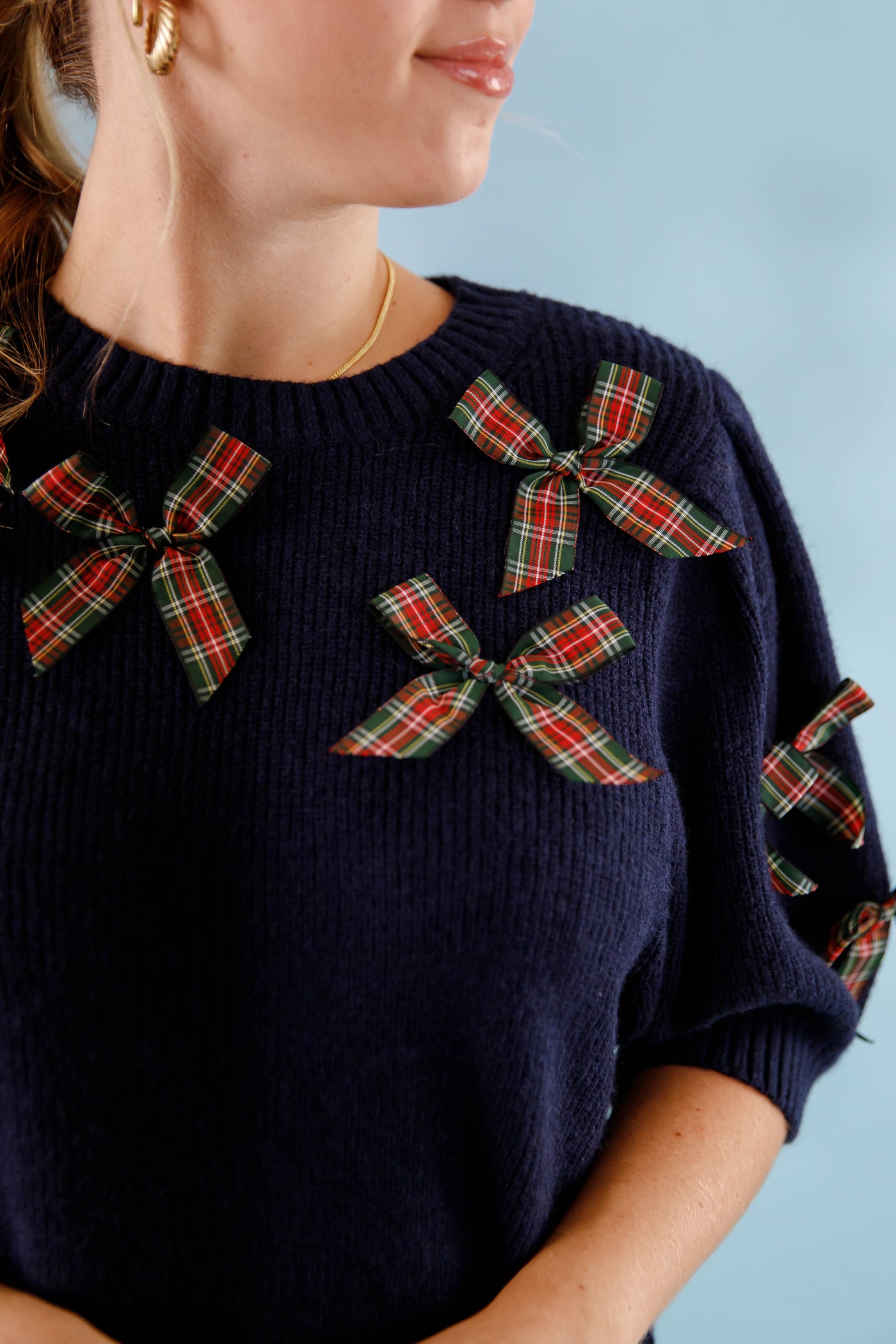 Tartan Plaid Bow Sweater- Women's Preppy Bow Sweater- Day + Moon Sweaters