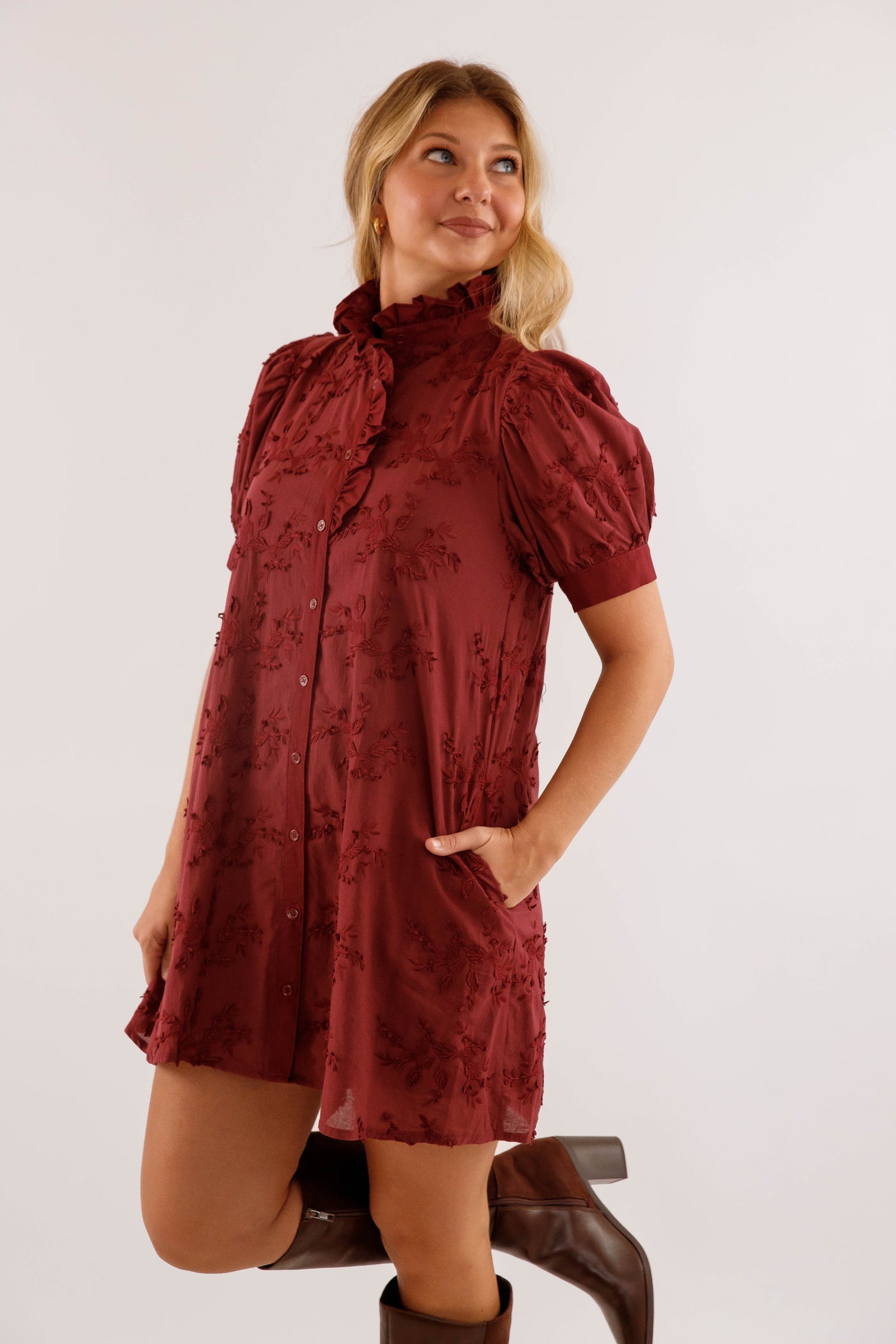 Wine 3D-Floral Mini Dress- Button-Front Cotton Puff-Sleeve Dress- Entro Dresses for Women