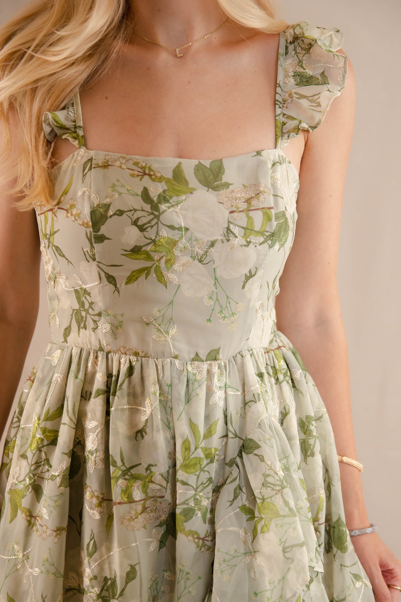 Green Rose Print Dress- High-Low Maxi Dress- Storia Floral Print Dress