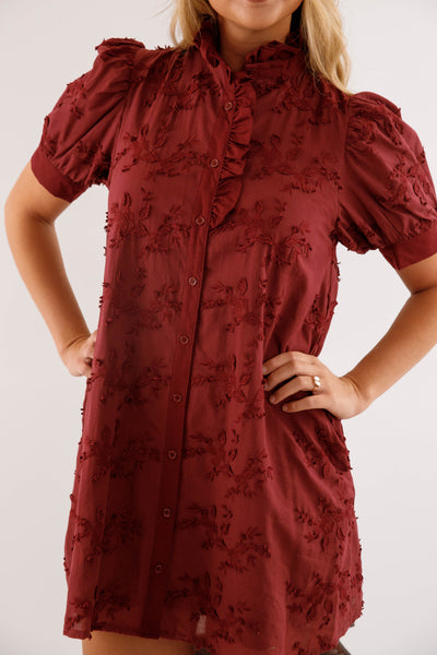 Wine 3D-Floral Mini Dress- Button-Front Cotton Puff-Sleeve Dress- Entro Dresses for Women