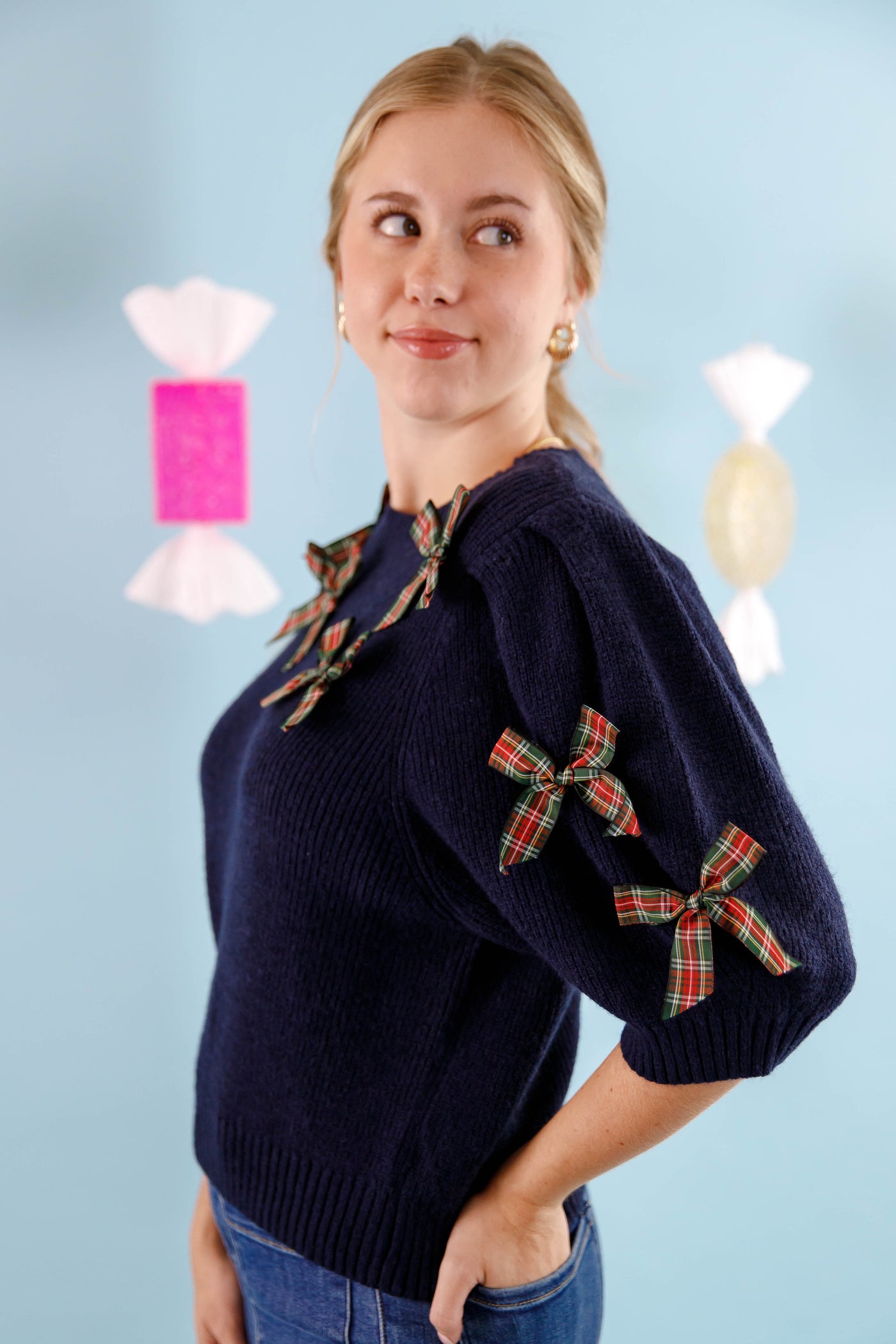 Tartan Plaid Bow Sweater- Women's Preppy Bow Sweater- Day + Moon Sweaters