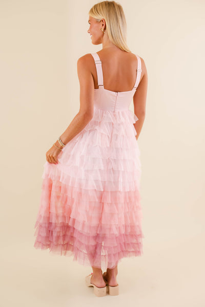 Gorgeous Tiered Pink Tulle Midi Dress- Pink Ombre Tulle Dress- Women's Tulle Party Dress