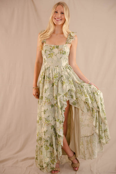 Green Rose Print Dress- High-Low Maxi Dress- Storia Floral Print Dress