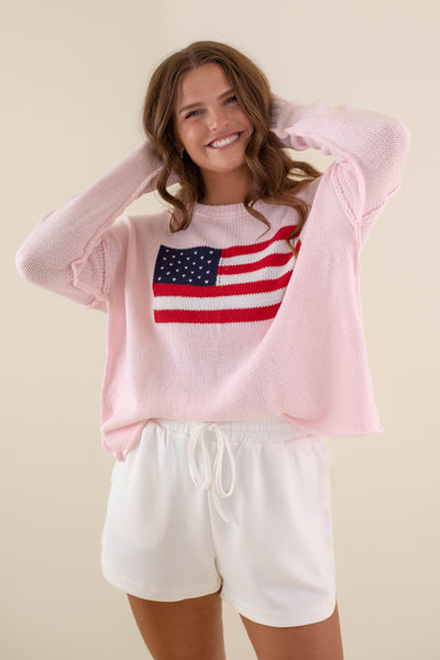 Women's American Flag Sweater- Pink Flag Sweater- Americana Lightweight Sweater