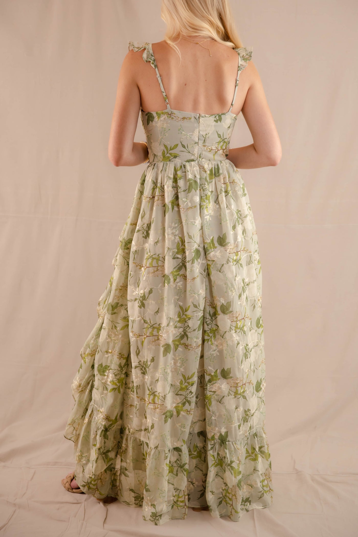 Green Rose Print Dress- High-Low Maxi Dress- Storia Floral Print Dress