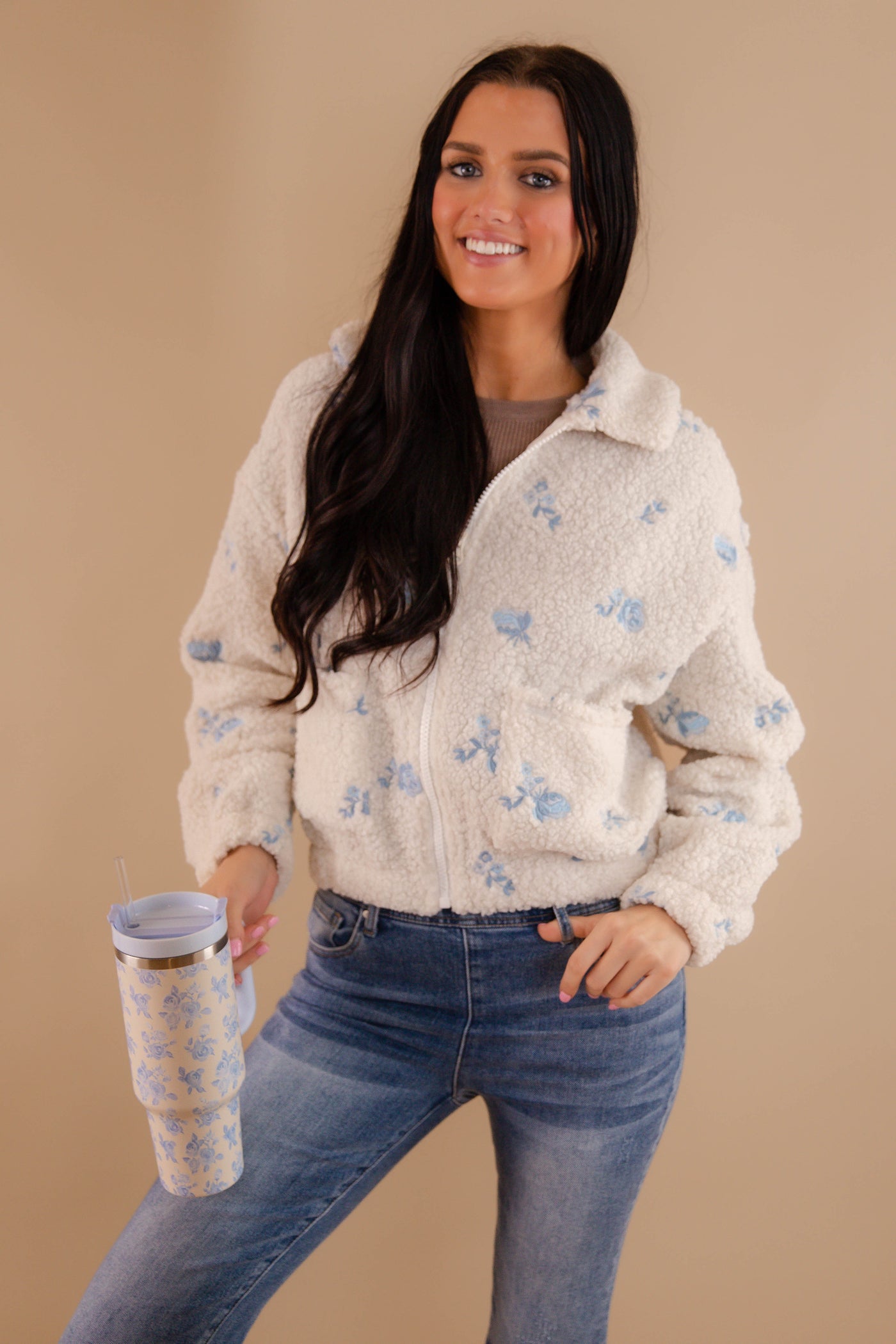 Blue Floral Embroidery Sherpa Pullover- Women's Flower Winter Pullover