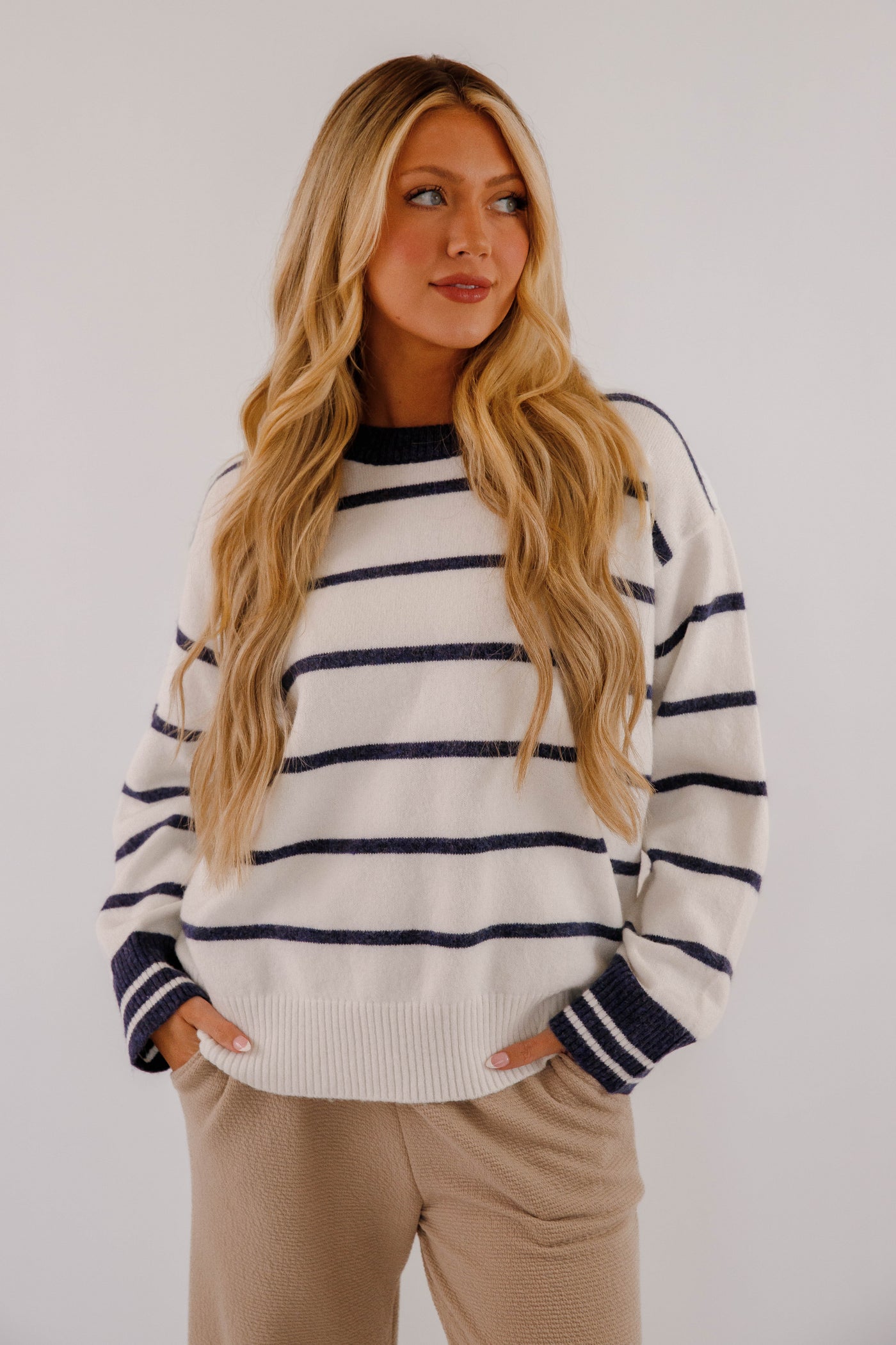 Ultra Soft Women's Stripe Sweater- Navy and White Stripe Sweater- Women's Comfy Fall and Winter Tops