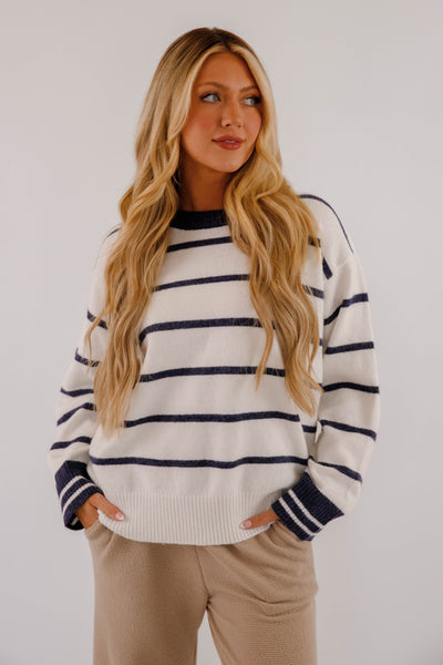 Ultra Soft Women's Stripe Sweater- Navy and White Stripe Sweater- Women's Comfy Fall and Winter Tops
