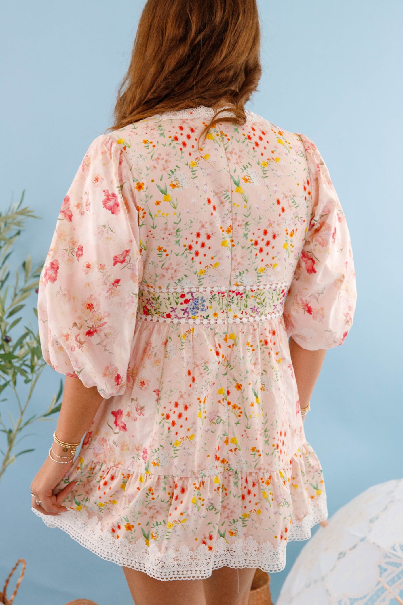 Women's Short Floral Dress- Lace Trim Multi Floral Dress- Women's Patterned Mini Dress