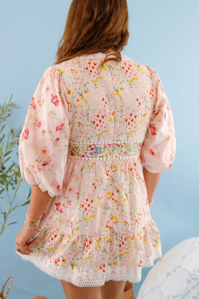 Women's Short Floral Dress- Lace Trim Multi Floral Dress- Women's Patterned Mini Dress