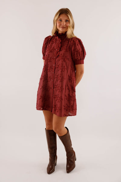 Wine 3D-Floral Mini Dress- Button-Front Cotton Puff-Sleeve Dress- Entro Dresses for Women