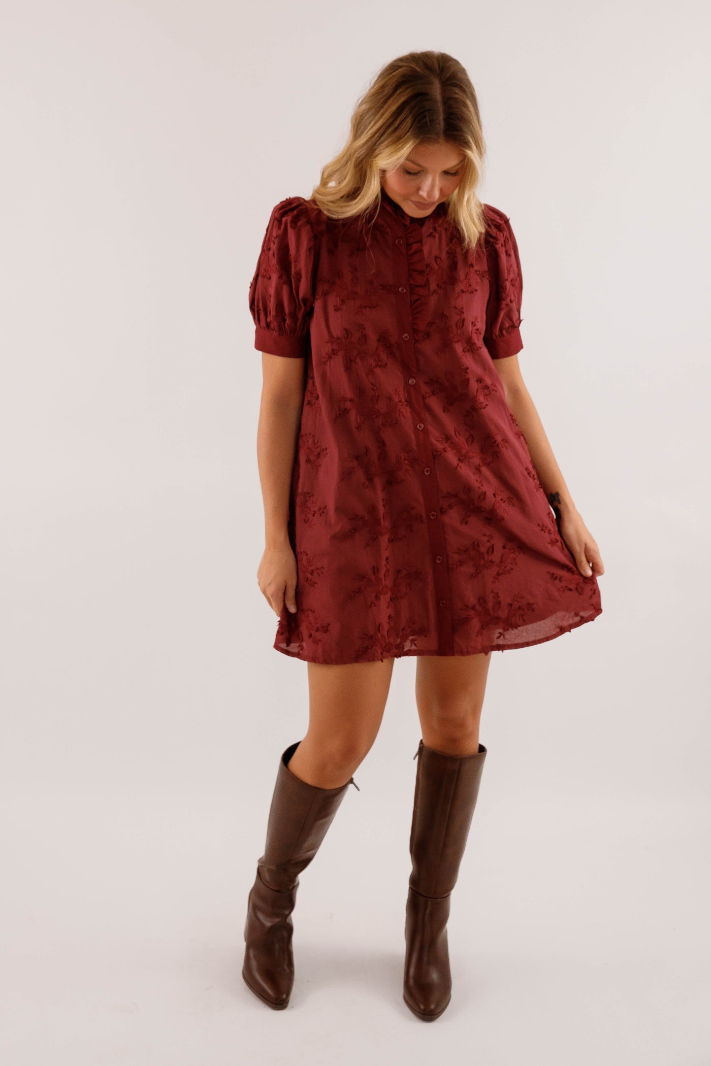 Wine 3D-Floral Mini Dress- Button-Front Cotton Puff-Sleeve Dress- Entro Dresses for Women