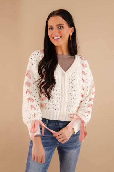 Crochet Sweater With Pink Ribbon- Women's Pink Ribbon Cardigan- Ivory and Pink Ribbon Knit Sweater