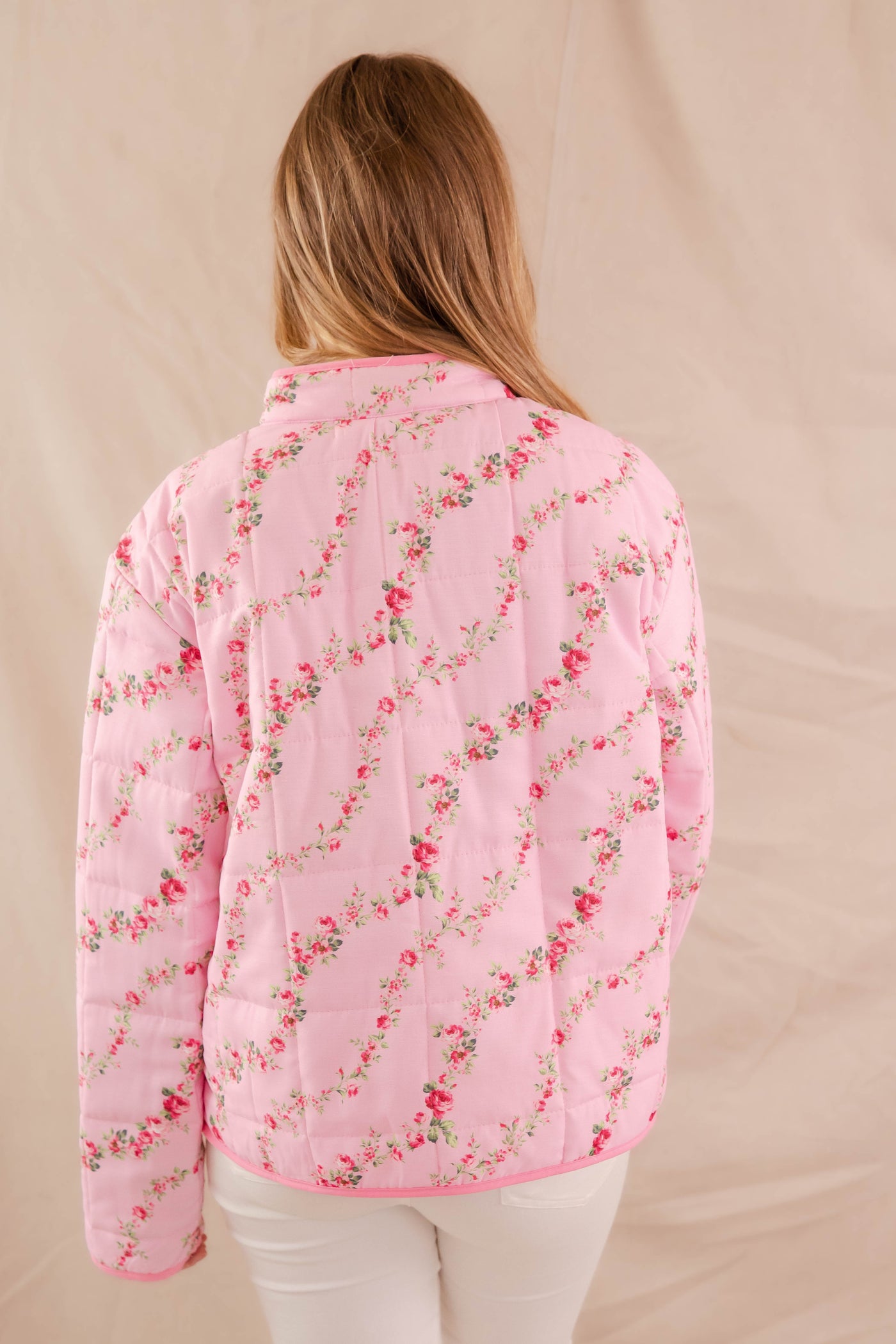 Pink Floral Print Jacket- Women's Pink Quilt Coat