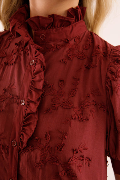 Wine 3D-Floral Mini Dress- Button-Front Cotton Puff-Sleeve Dress- Entro Dresses for Women