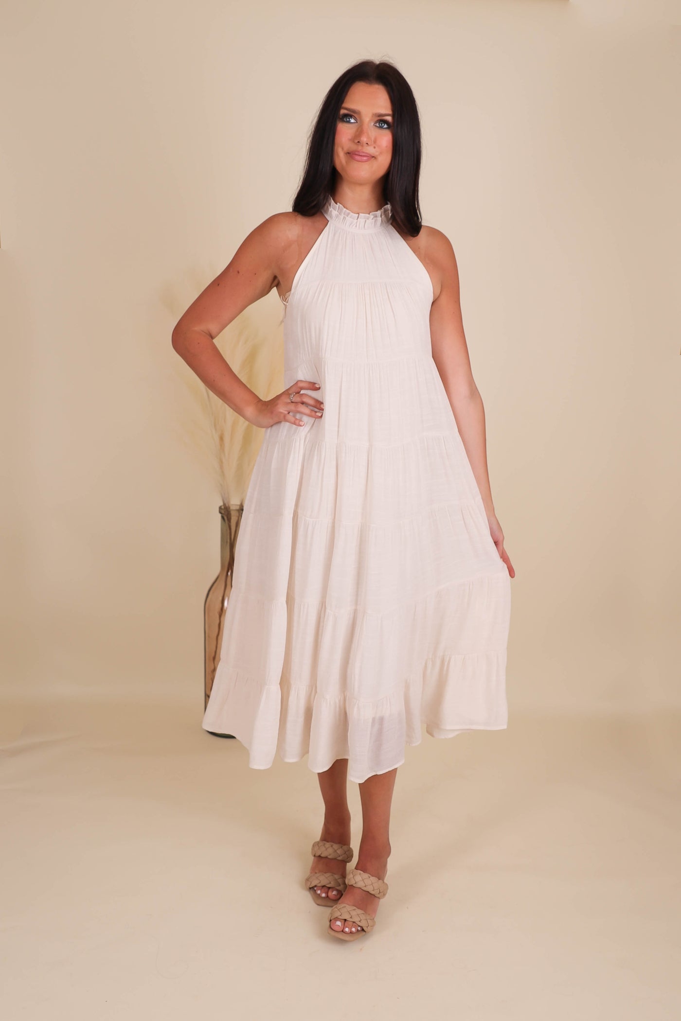 Chic High Neck Midi Dress- Women's Ivory Midi Dress- Umgee Maxi Dress