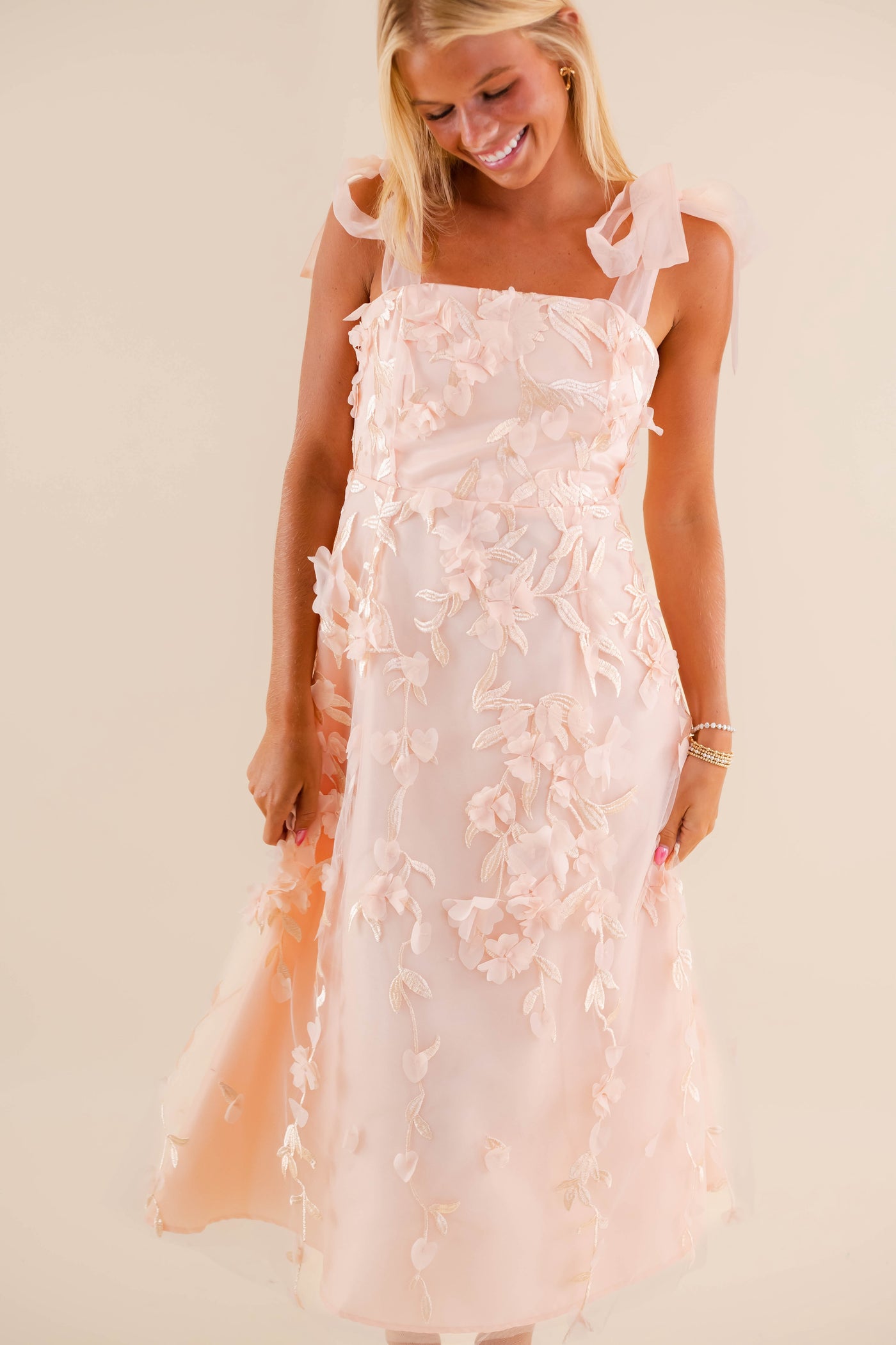 Blush Pink Floral Embroidered Midi Dress- Tulle 3D Flower Dress- Elegant Tulle Dress