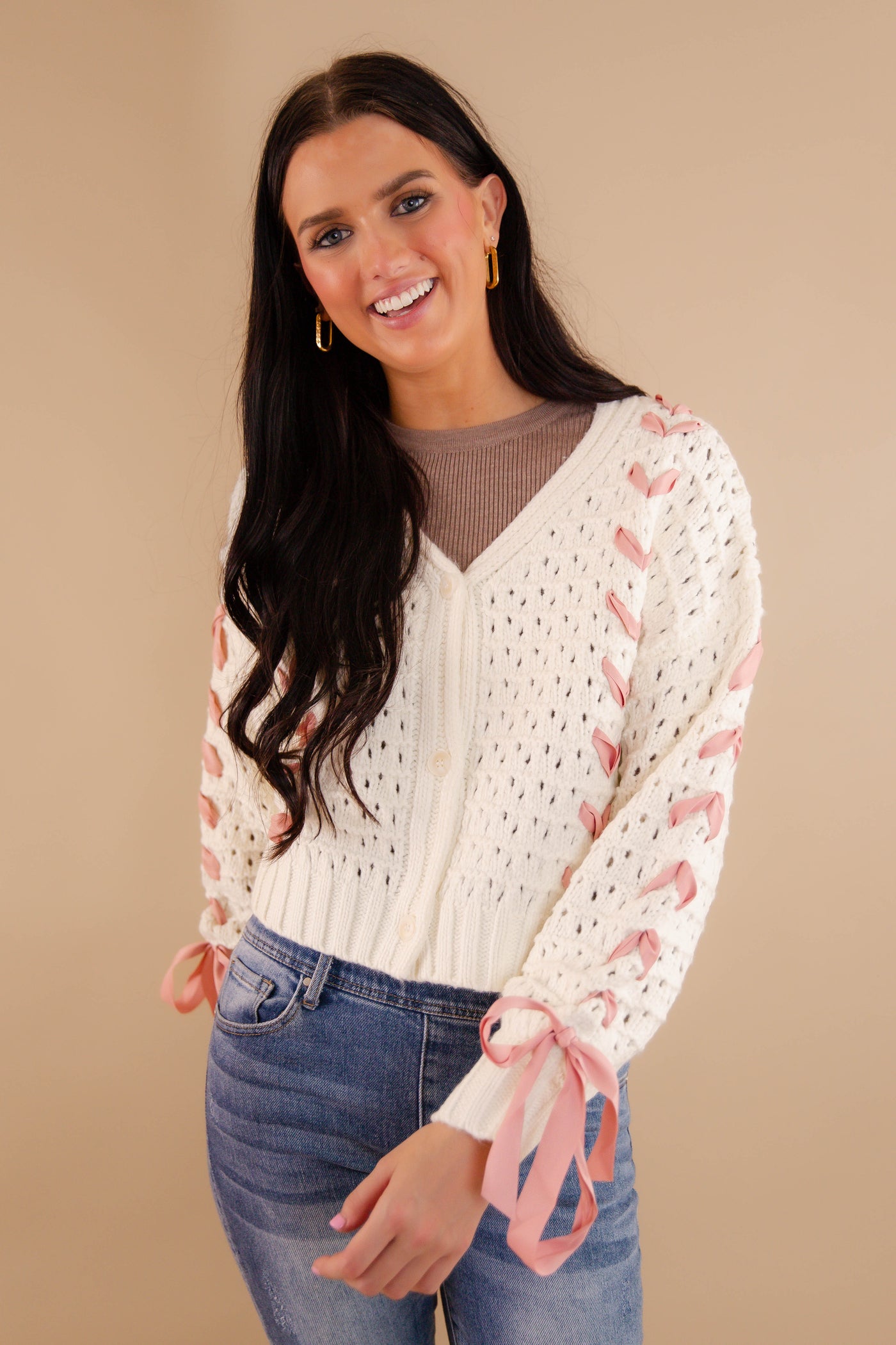 Crochet Sweater With Pink Ribbon- Women's Pink Ribbon Cardigan- Ivory and Pink Ribbon Knit Sweater