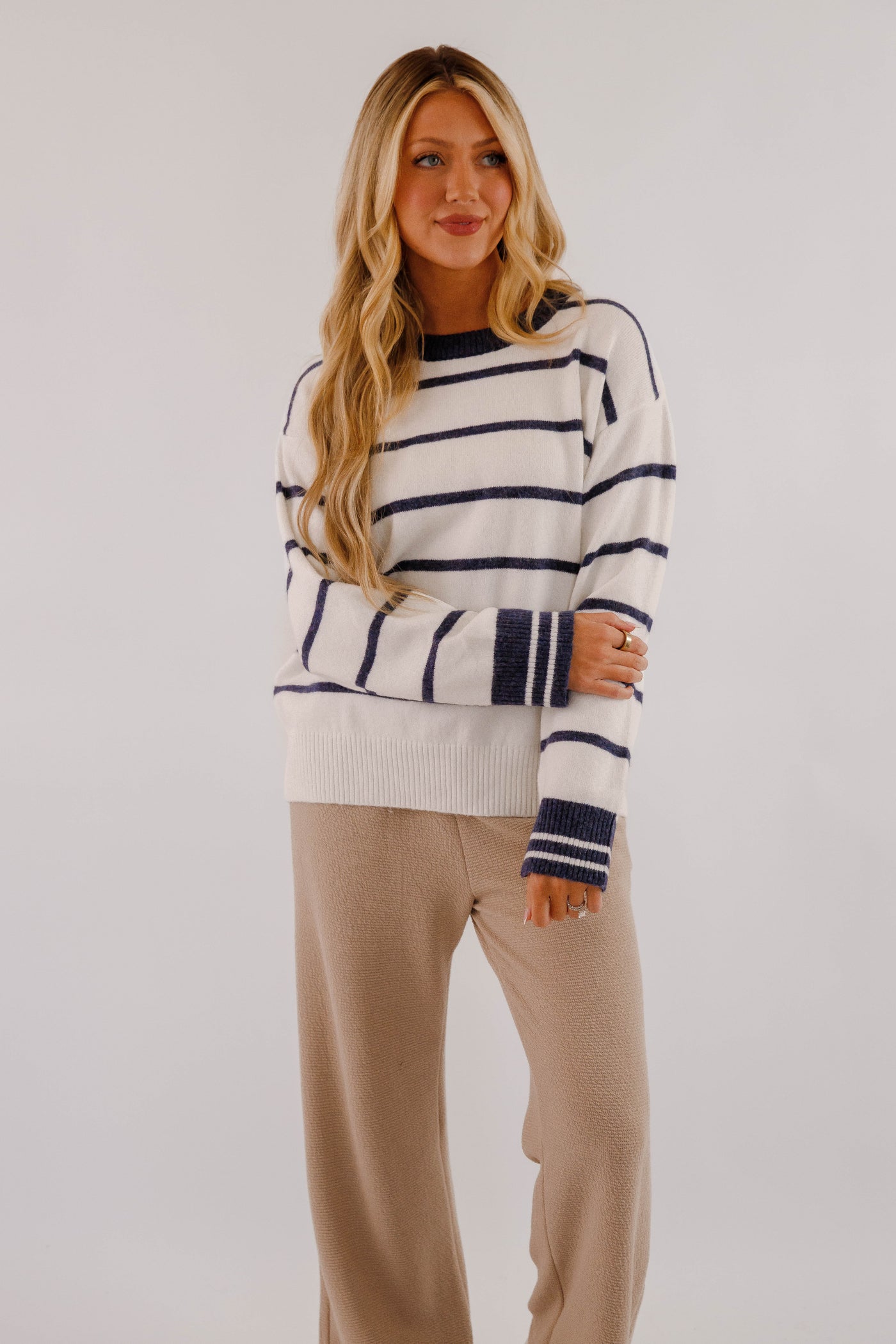 Ultra Soft Women's Stripe Sweater- Navy and White Stripe Sweater- Women's Comfy Fall and Winter Tops