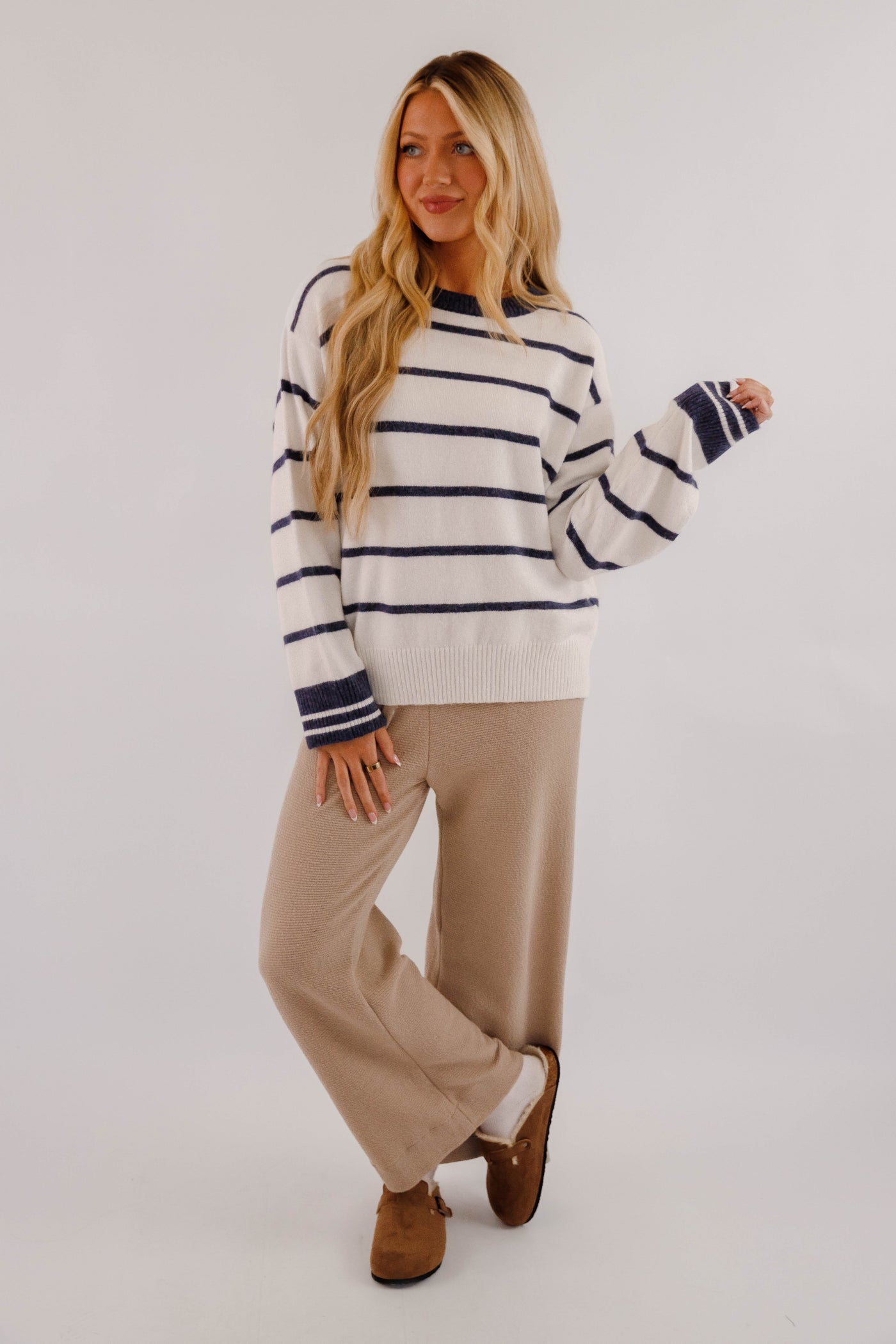 Ultra Soft Women's Stripe Sweater- Navy and White Stripe Sweater- Women's Comfy Fall and Winter Tops