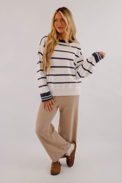 Ultra Soft Women's Stripe Sweater- Navy and White Stripe Sweater- Women's Comfy Fall and Winter Tops