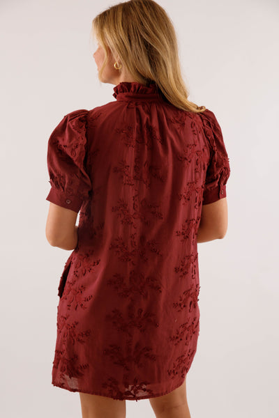 Wine 3D-Floral Mini Dress- Button-Front Cotton Puff-Sleeve Dress- Entro Dresses for Women