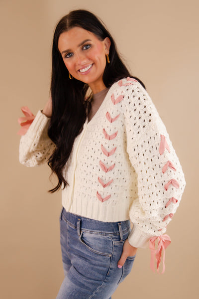 Crochet Sweater With Pink Ribbon- Women's Pink Ribbon Cardigan- Ivory and Pink Ribbon Knit Sweater