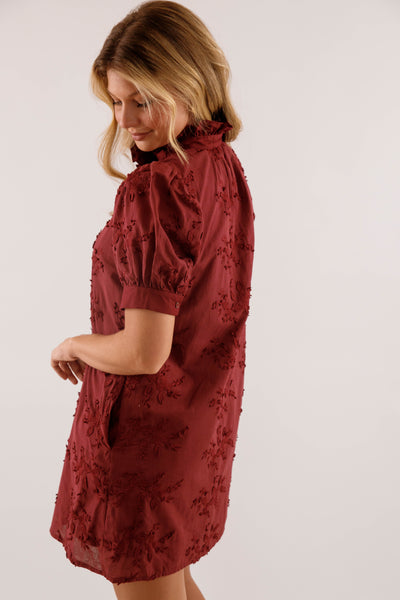 Wine 3D-Floral Mini Dress- Button-Front Cotton Puff-Sleeve Dress- Entro Dresses for Women