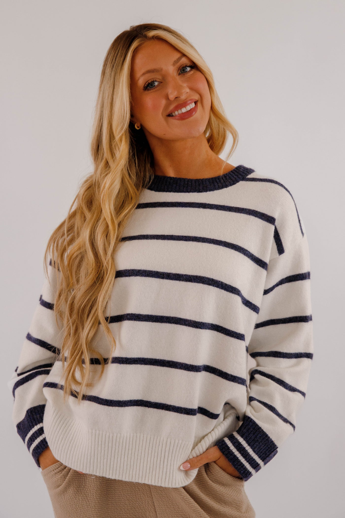 Ultra Soft Women's Stripe Sweater- Navy and White Stripe Sweater- Women's Comfy Fall and Winter Tops