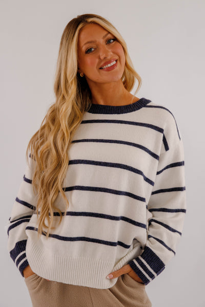 Ultra Soft Women's Stripe Sweater- Navy and White Stripe Sweater- Women's Comfy Fall and Winter Tops