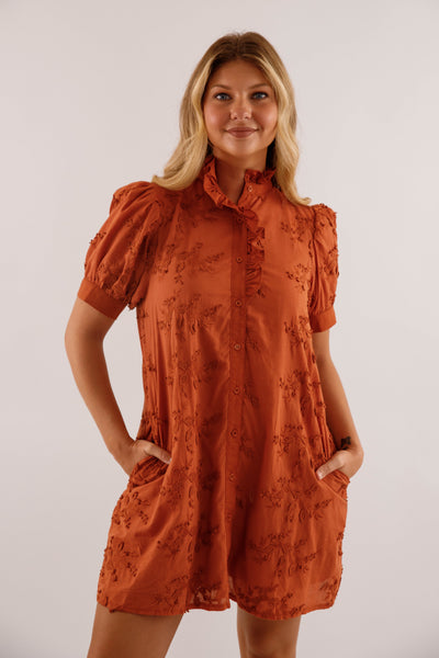 Rust 3D-Floral Mini Dress- Button-Front Cotton Puff-Sleeve Dress- Entro Dresses for Women