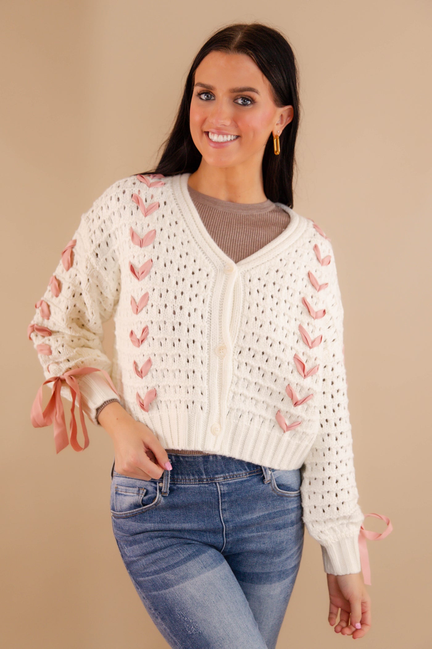 Crochet Sweater With Pink Ribbon- Women's Pink Ribbon Cardigan- Ivory and Pink Ribbon Knit Sweater