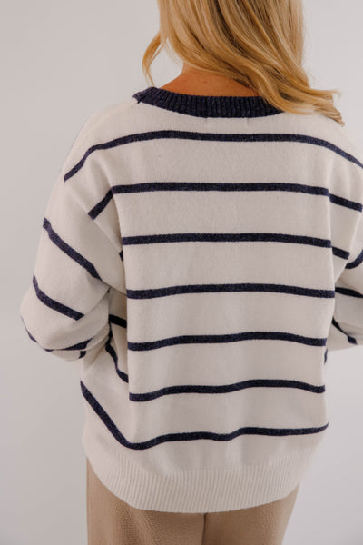 Ultra Soft Women's Stripe Sweater- Navy and White Stripe Sweater- Women's Comfy Fall and Winter Tops