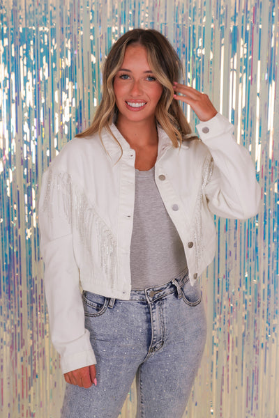 White Denim Rhinestone Jacket- White Rhinestone Fringe Jacket- Bling White Jacket