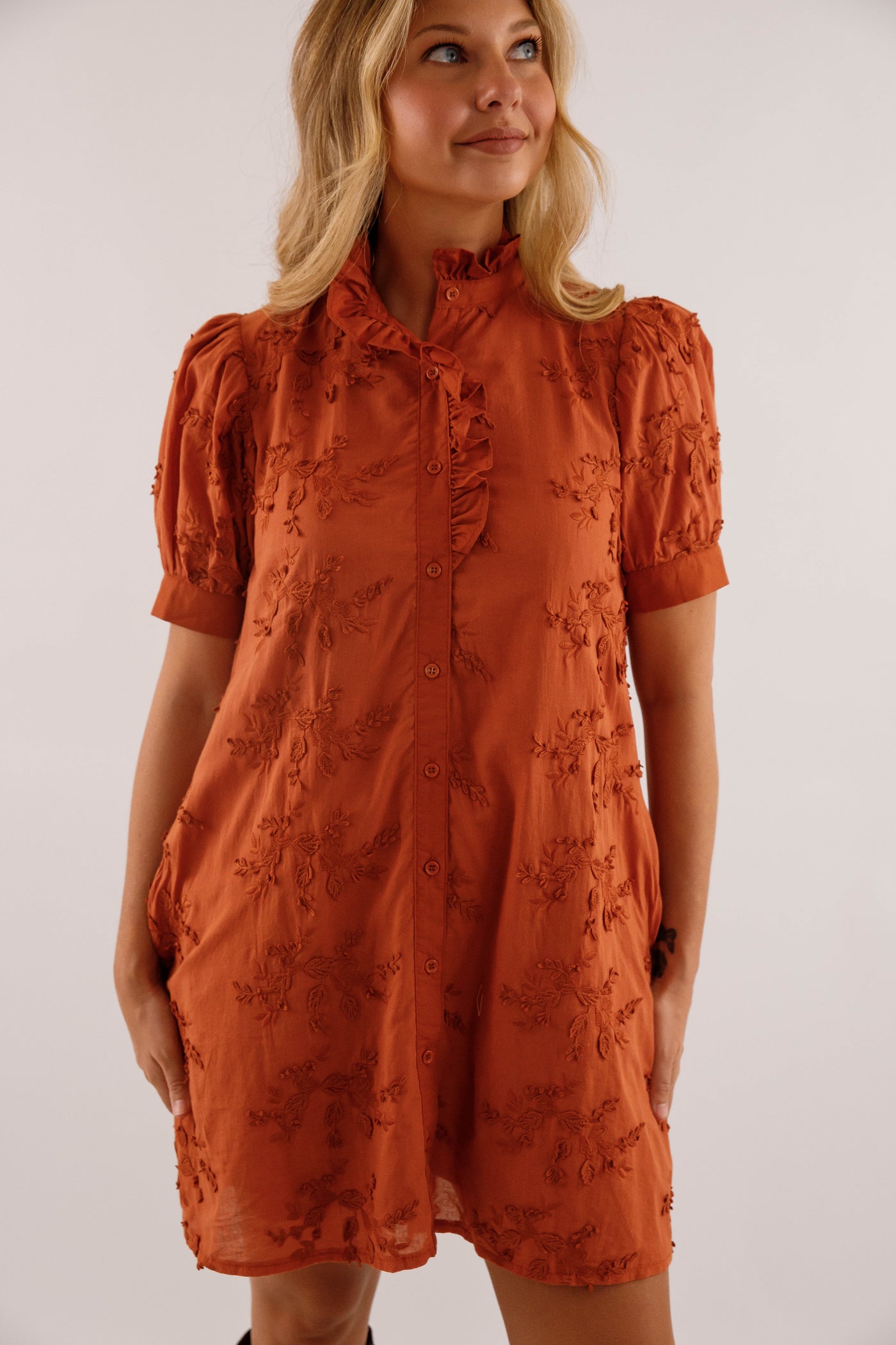 Rust 3D-Floral Mini Dress- Button-Front Cotton Puff-Sleeve Dress- Entro Dresses for Women