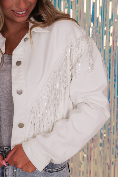 White Denim Rhinestone Jacket- White Rhinestone Fringe Jacket- Bling White Jacket