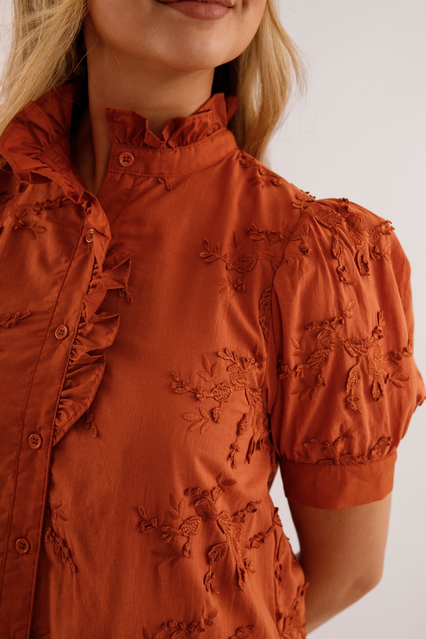 Rust 3D-Floral Mini Dress- Button-Front Cotton Puff-Sleeve Dress- Entro Dresses for Women