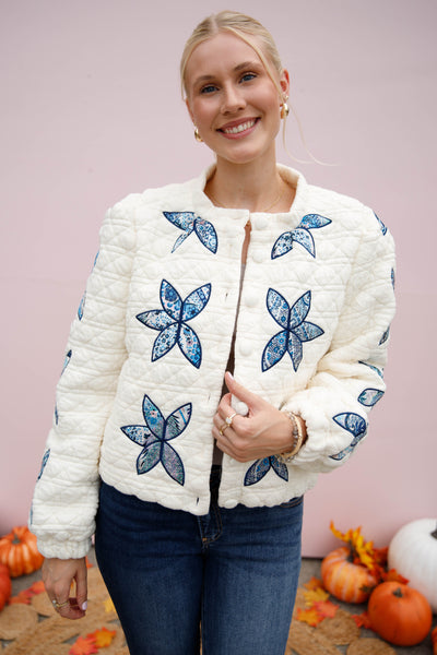 Flower Stitch Quilted Jacket- Women's Patchwork Quilted Jacket- Flower Patch Jacket