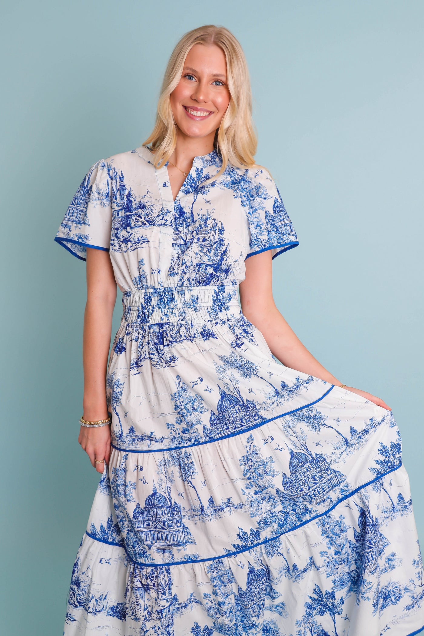 Landscape Print Tiered Dress- Coastal Grandmother Dress- Umgee Blue Print Dress