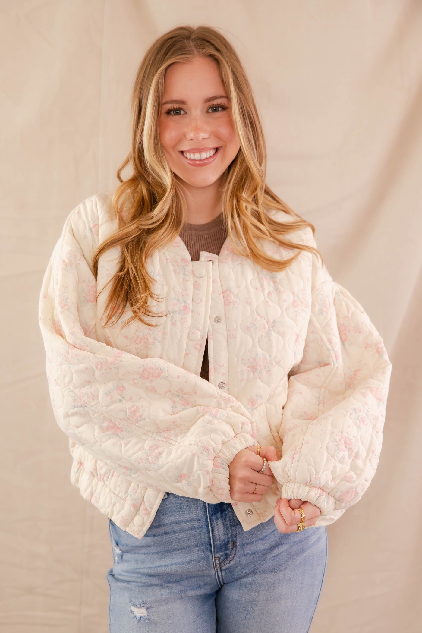 Floral Print Bomber Jacket- Women's Oversized Pink Floral Jacket- Mable Quilted Jacket