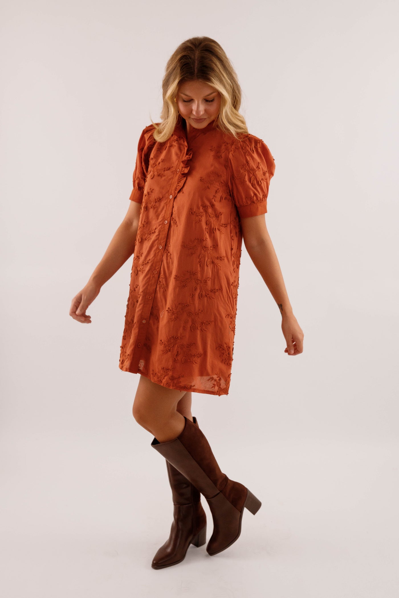Rust 3D-Floral Mini Dress- Button-Front Cotton Puff-Sleeve Dress- Entro Dresses for Women