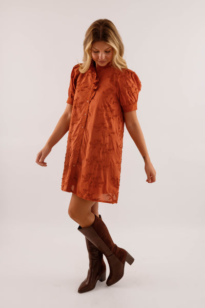 Rust 3D-Floral Mini Dress- Button-Front Cotton Puff-Sleeve Dress- Entro Dresses for Women