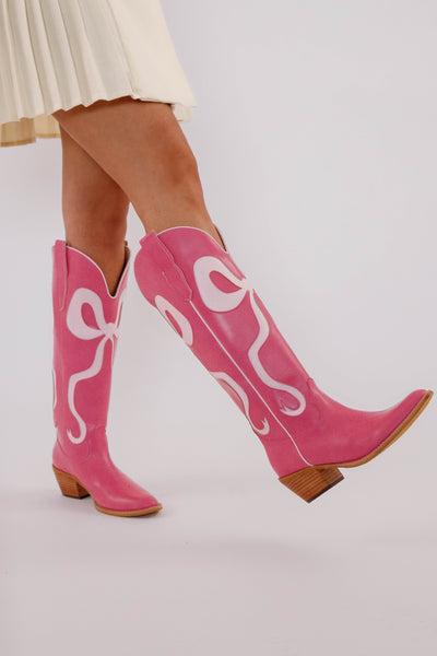 Western Style Bow Boots- Women's Pink Bow Tall Boots- Mi.iM Bow Boots