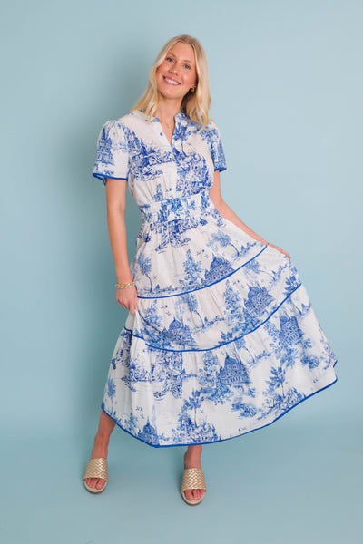 Landscape Print Tiered Dress- Coastal Grandmother Dress- Umgee Blue Print Dress