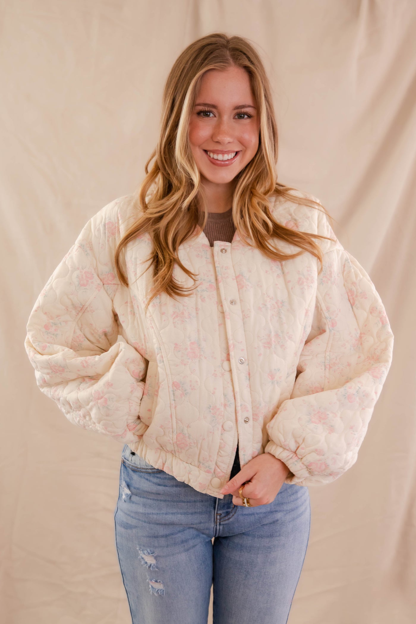 Floral Print Bomber Jacket- Women's Oversized Pink Floral Jacket- Mable Quilted Jacket